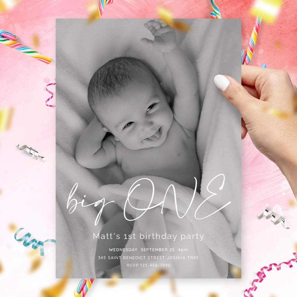 Customize and Download Simple Calligraphy Boy First Birthday Invitation