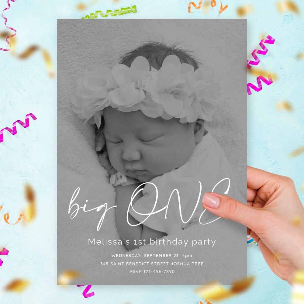 Customize and Download Simple Calligraphy Girl First Birthday Invitation