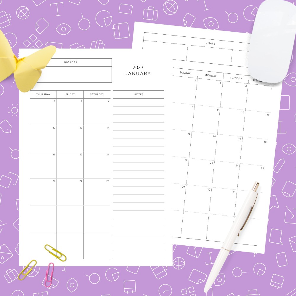 Download Printable Simple Monthly Calendar with Notes, To-Do, Goals, Ideas Template Template
