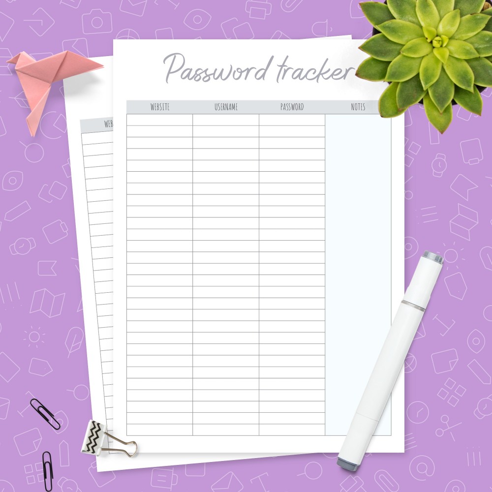 Download Printable Simple Password Tracker Template with Notes Template