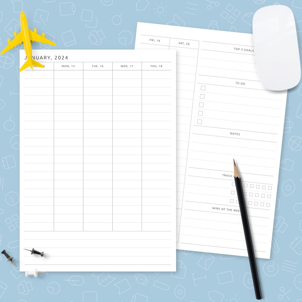 Download Printable Simple Weekly Planner with Notes, To-Do, Goals, Wins Template Template