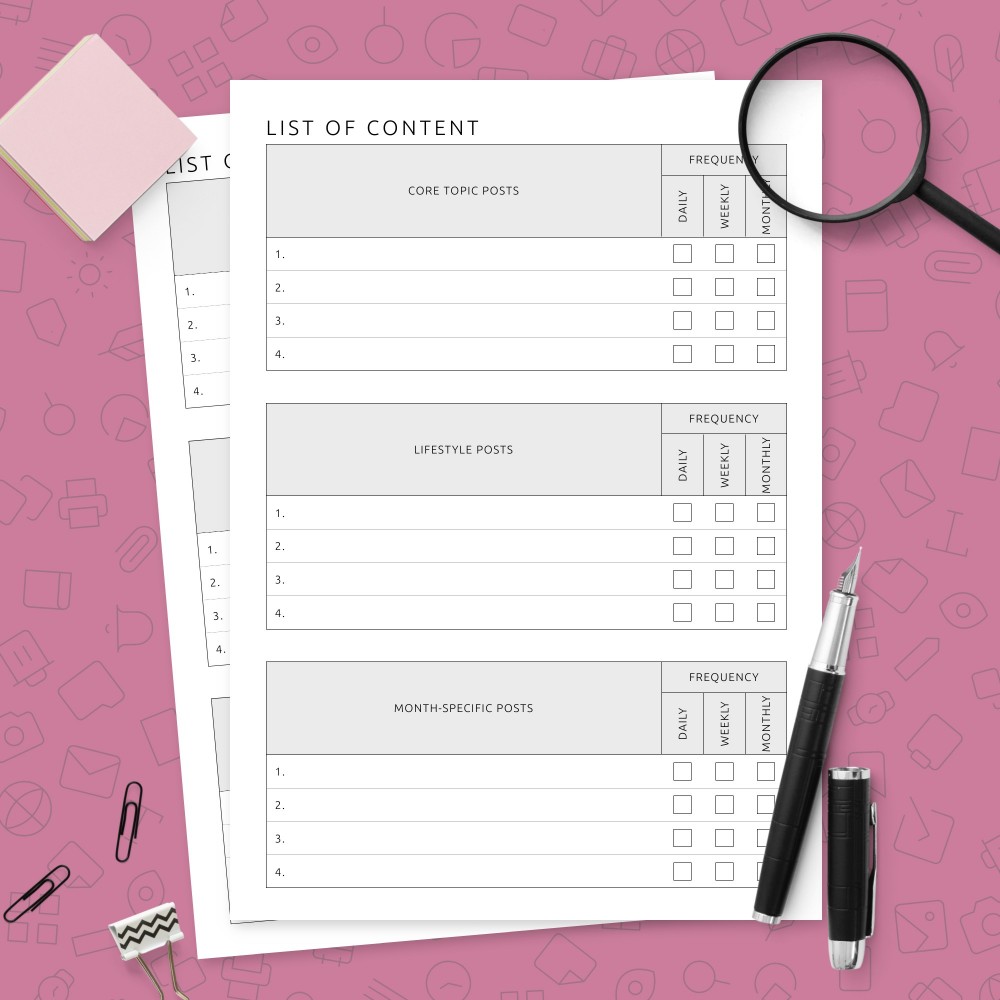 Download Printable Social Media Content List Template Template