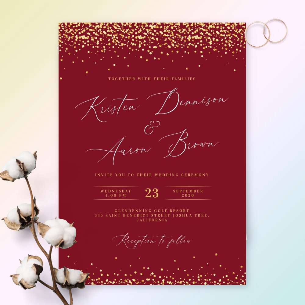 Customize and Download Sparkling Gold Burgundy Wedding Invitation