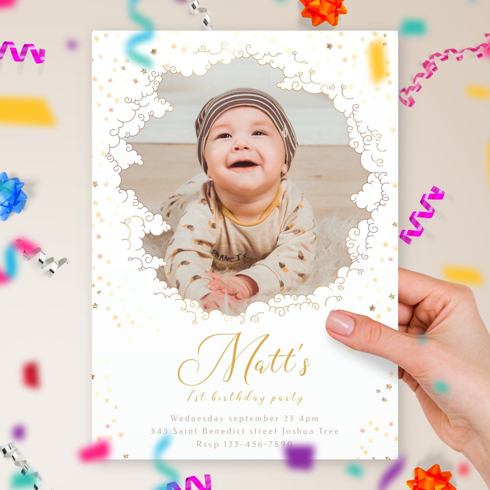 Customize and Download Starry Clouds Boy First Birthday Invitation