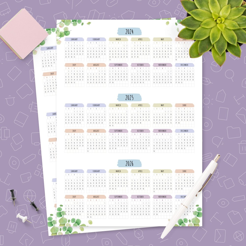 Download Printable Three Year Calendar Template - Botanical Design Template
