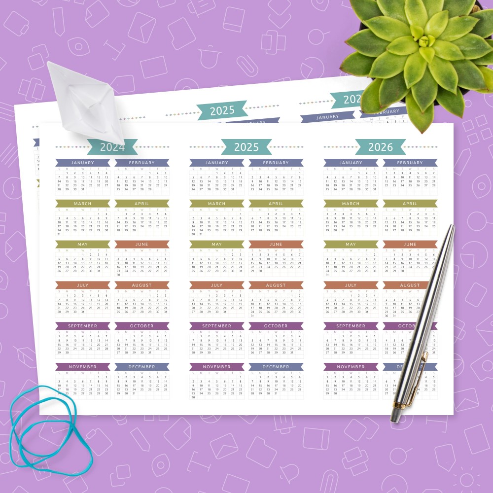 Download Printable Three-year Calendar Template - Colorful Style Horizontal Template
