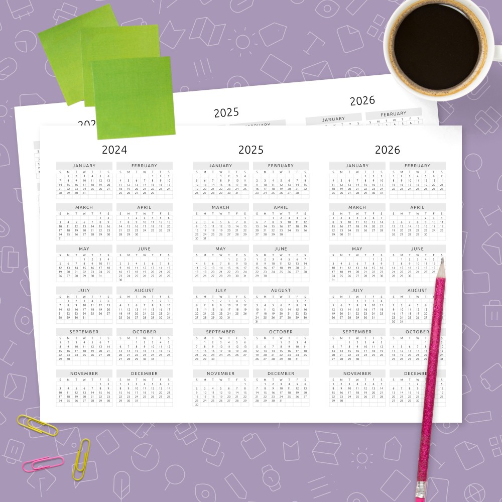 Download Printable Three-year Calendar Template - Formal Style Horizontal Template