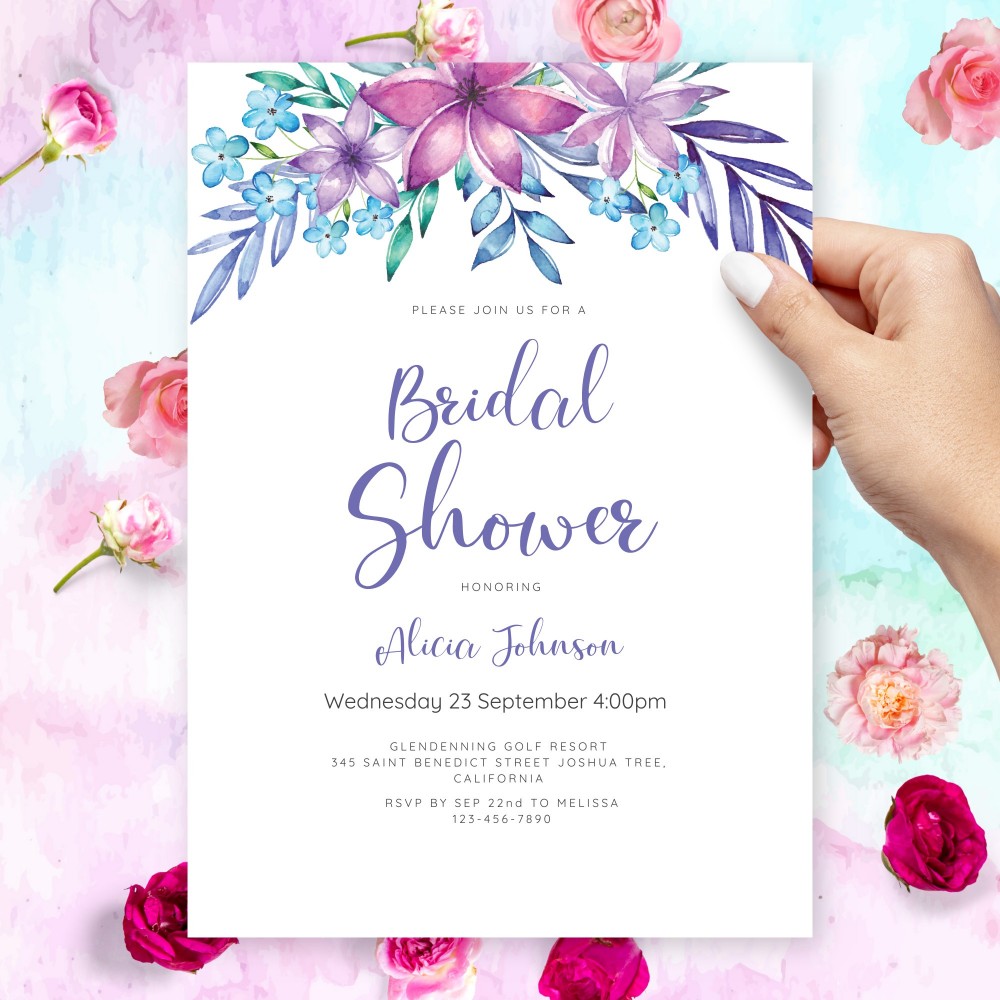 Customize and Download Tropical &amp; Purple Bridal Shower Invitation
