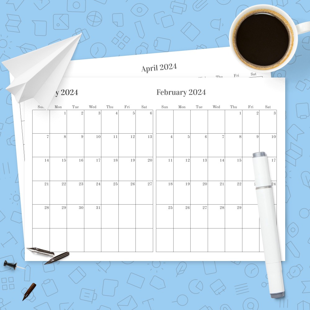 Download Printable Two Months on One Page Calendar Template