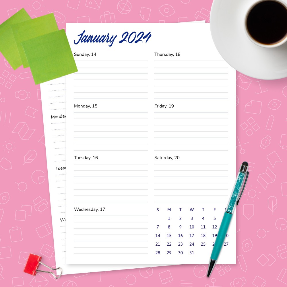 Download Printable Weekly Calendar At a Glance Template Template