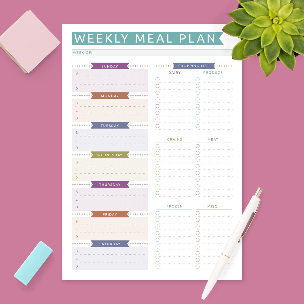 Download Printable Weekly Menu Planner &amp; Grocery List - Colored Template