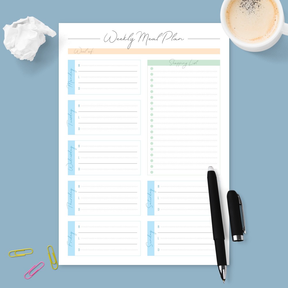 Download Printable Weekly Menu Planning with Shopping List Template