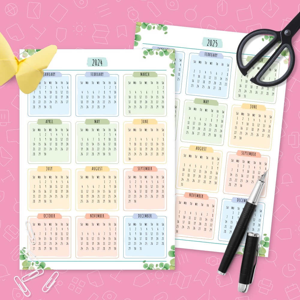 Download Printable Yearly Calendar Botanical Design Template