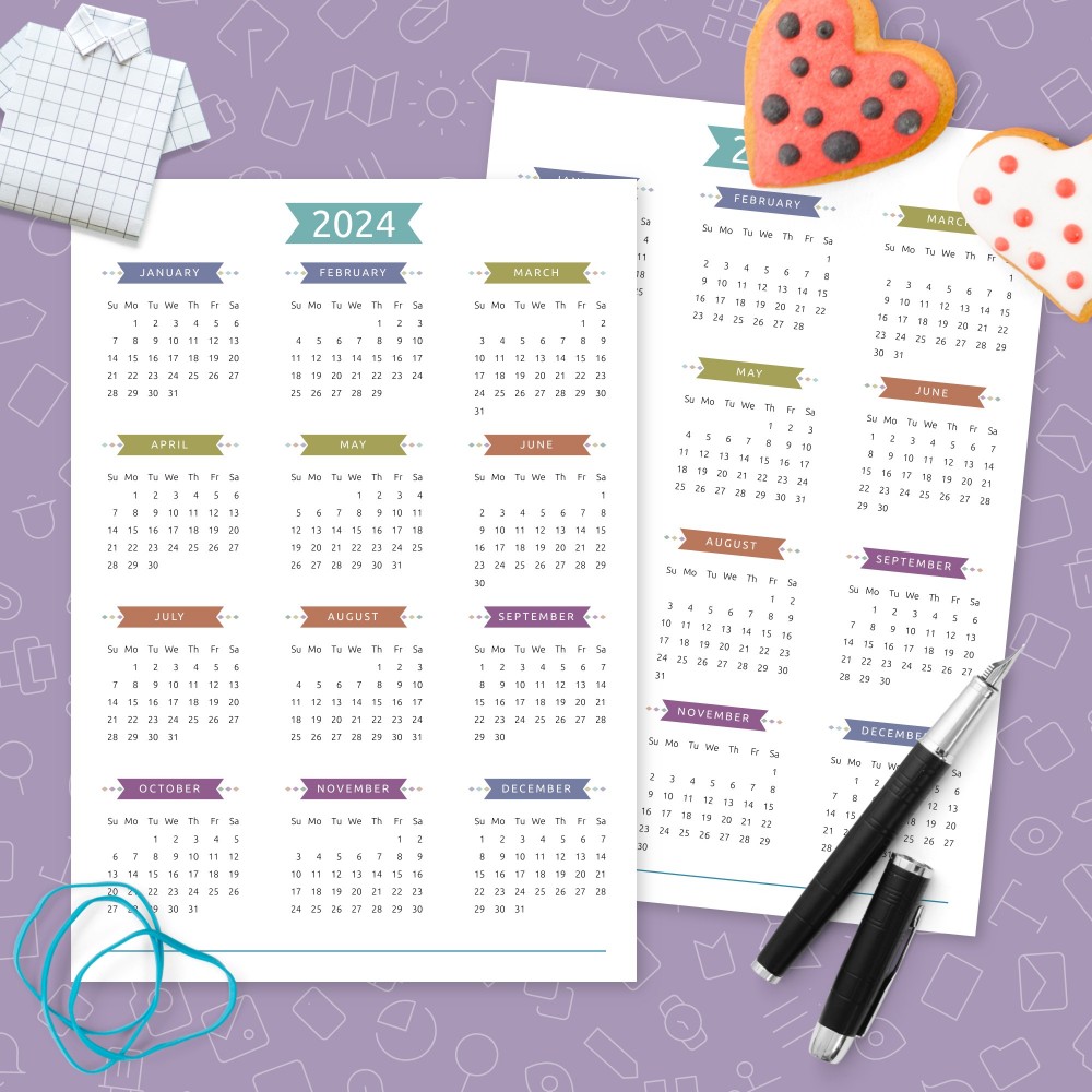 Download Printable Yearly Calendar Colored Design Template