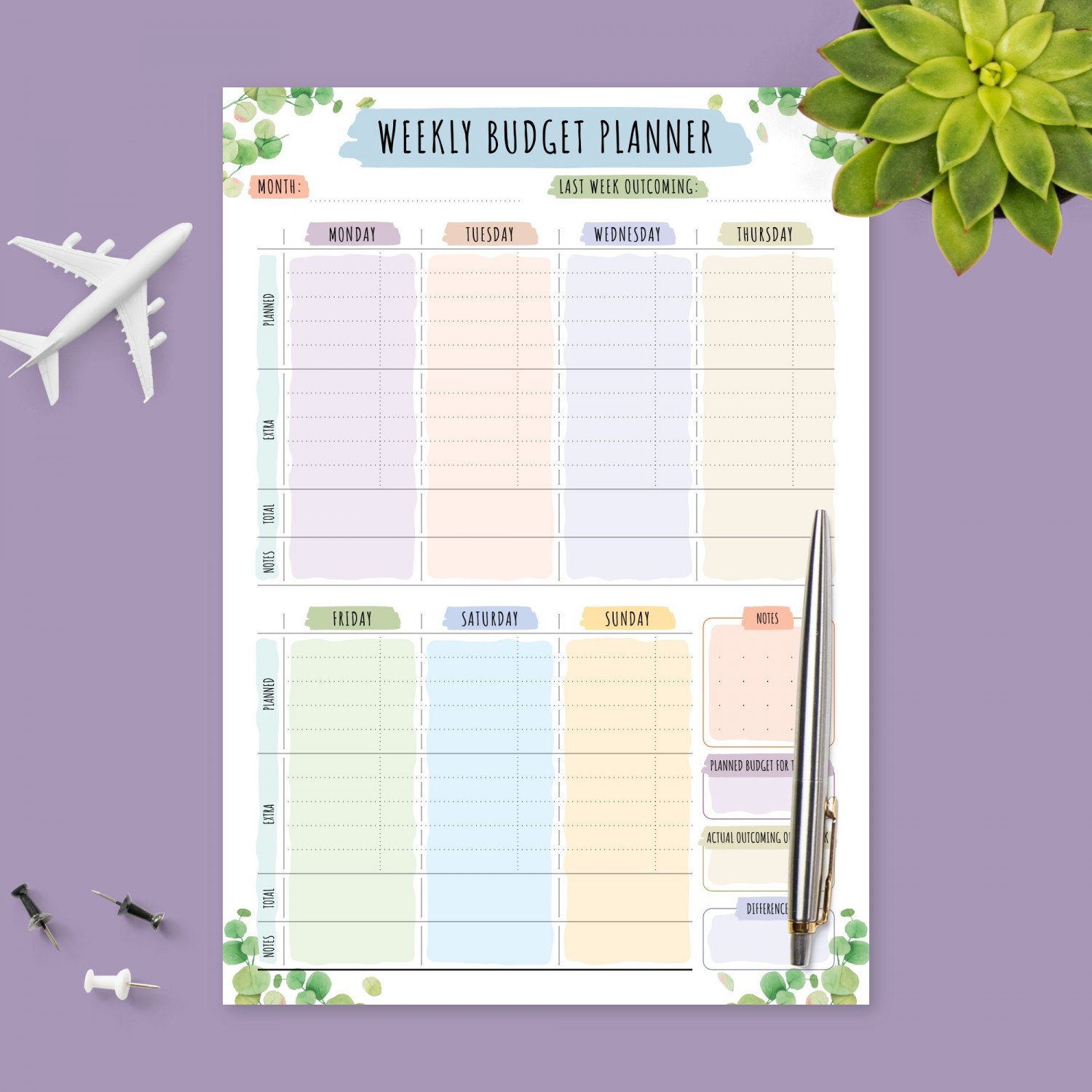 Botanical Weekly Money Expense Tracker Template - Download Printable PDF