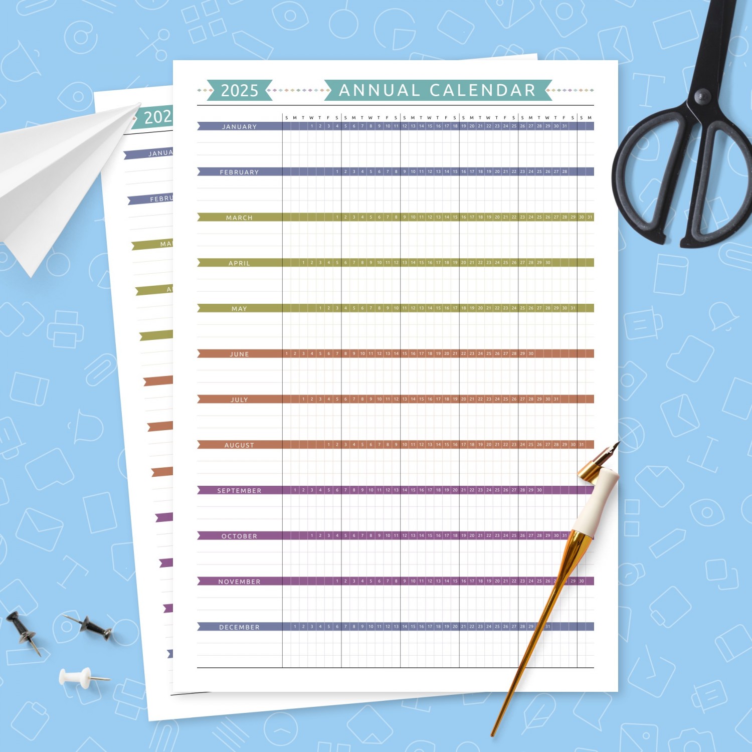 Colored Annual Calendar Template Template - Printable PDF