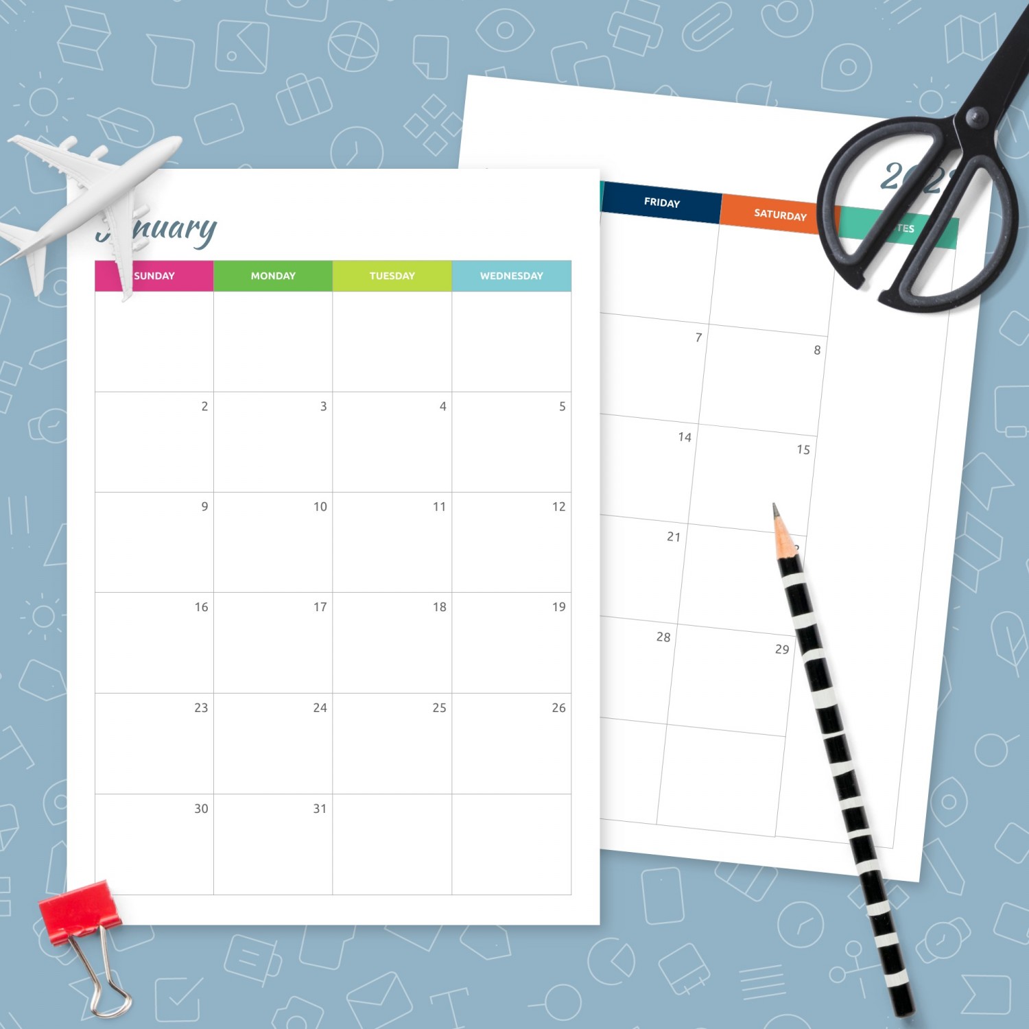 Colorful Monthly Calendar - Two Page Template - Printable PDF