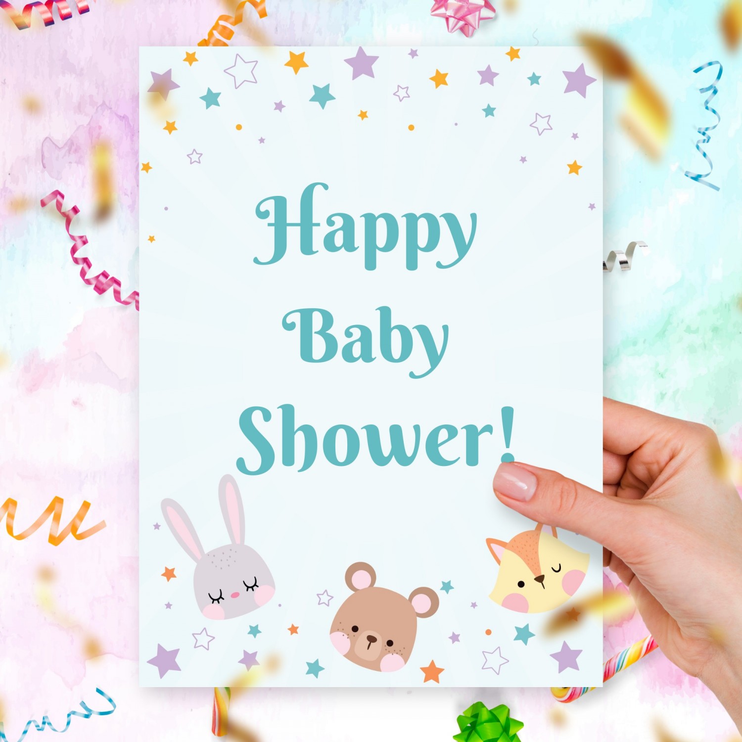 Cute Animals Baby Shower Greeting Card Template Editable Online