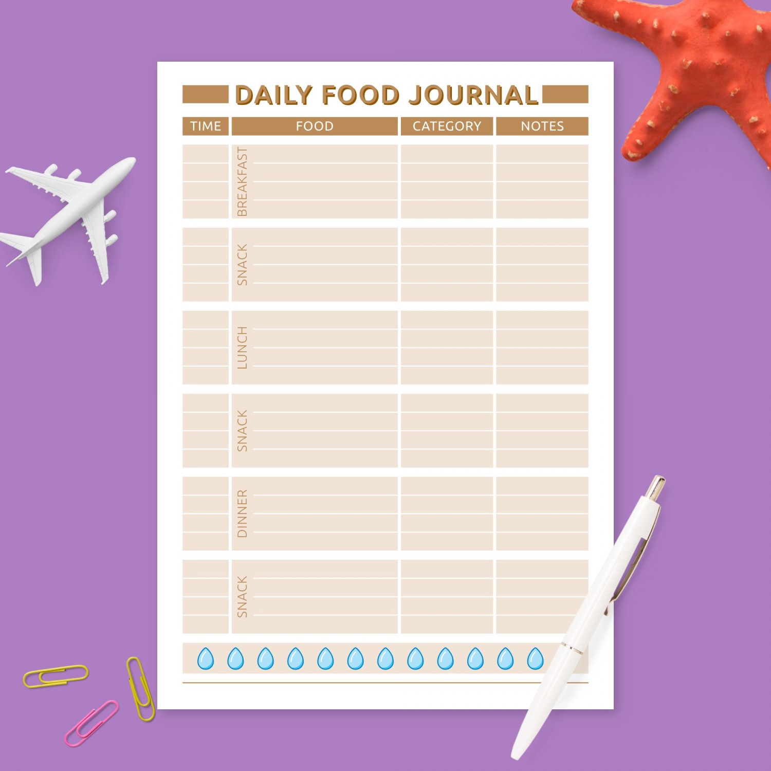 Daily Food Organizer Template - Printable PDF