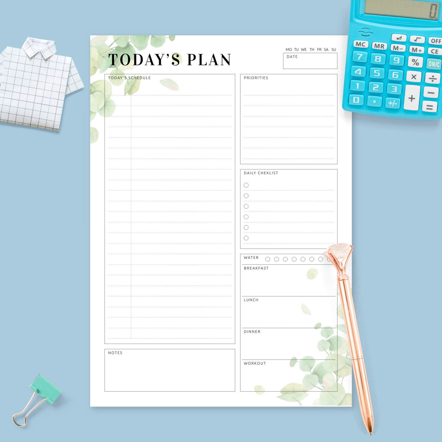 Daily Planner - Eucalyptus Greenery Template - Printable PDF