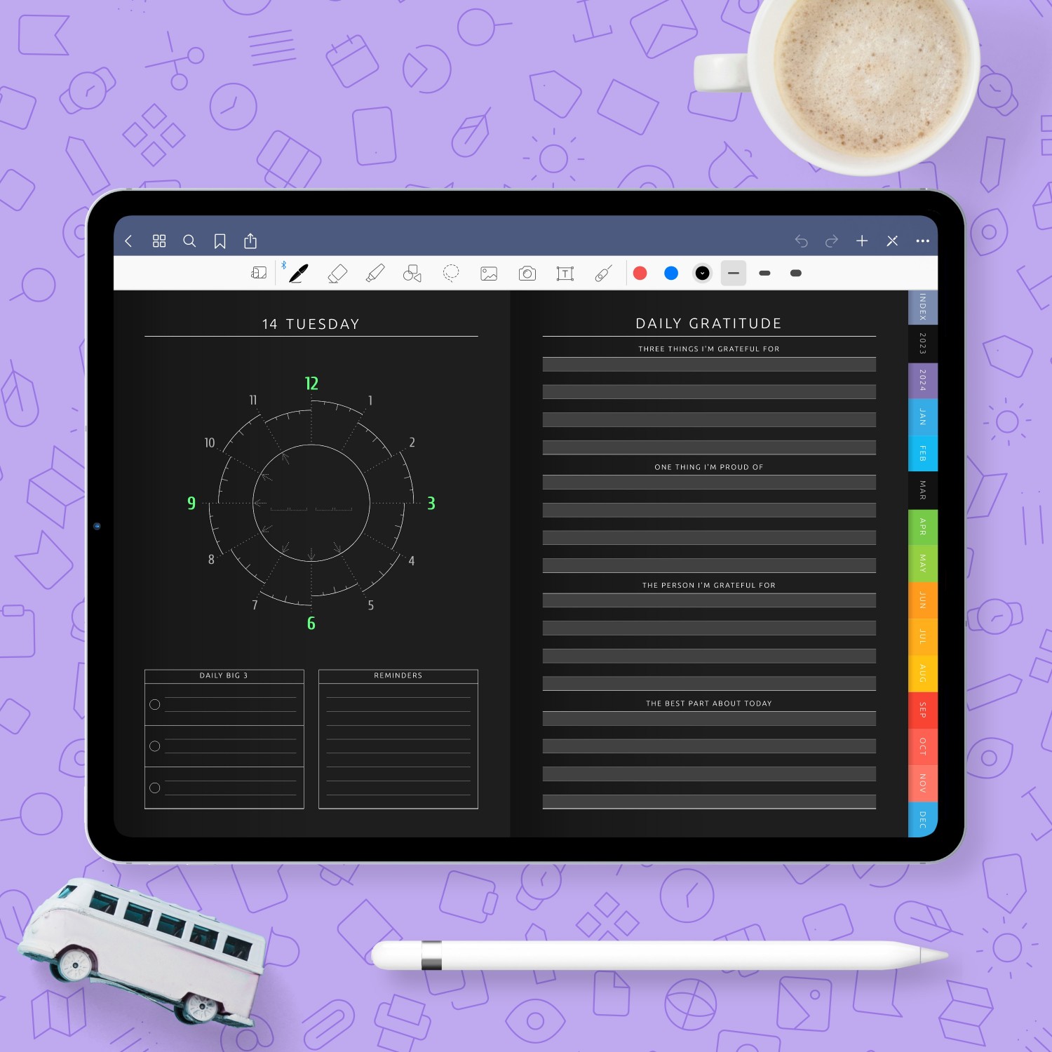 Daily Productivity Digital Planner Template (Dark) for handwriting apps ...