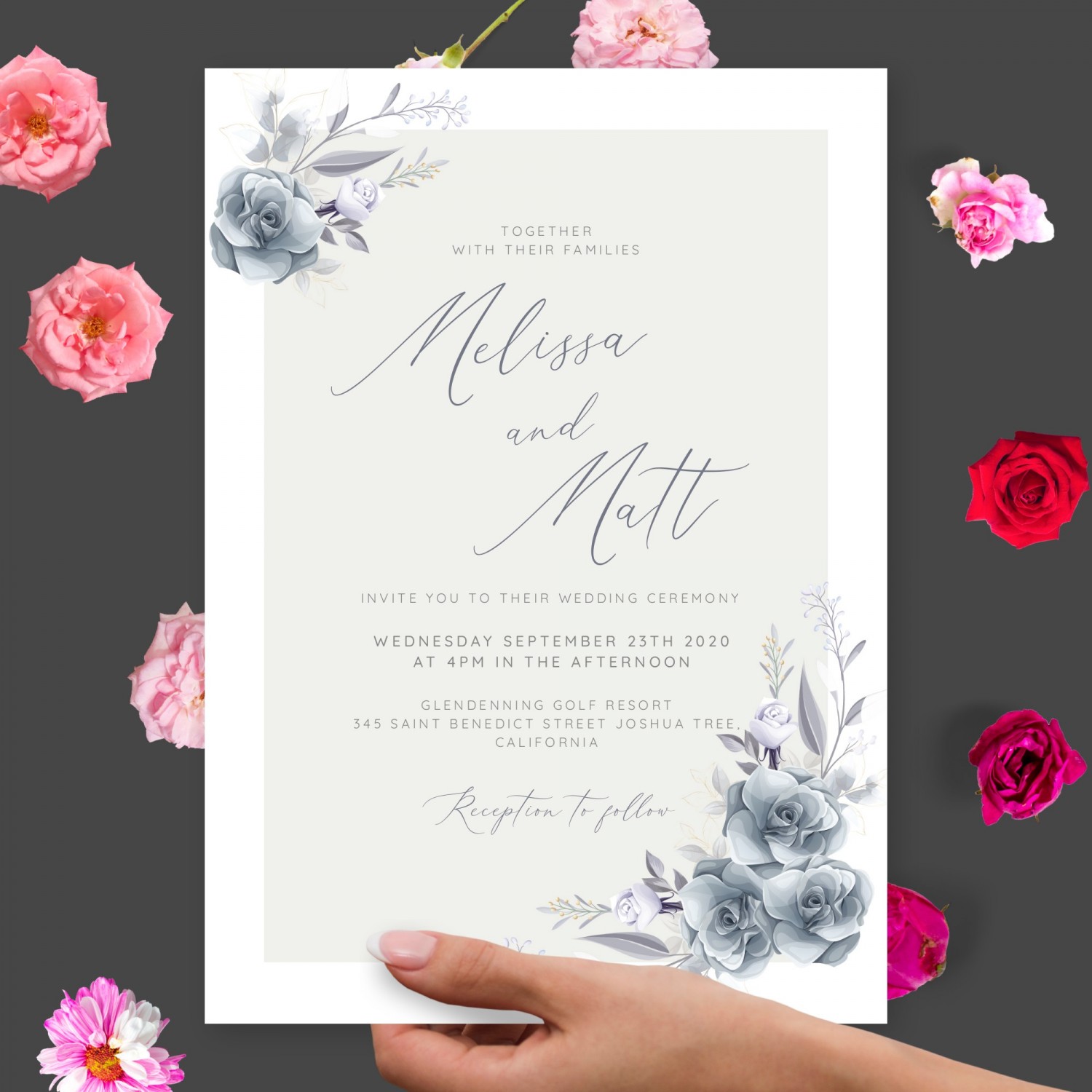 Dusty Winter Roses Wedding Invitation Template Online Maker