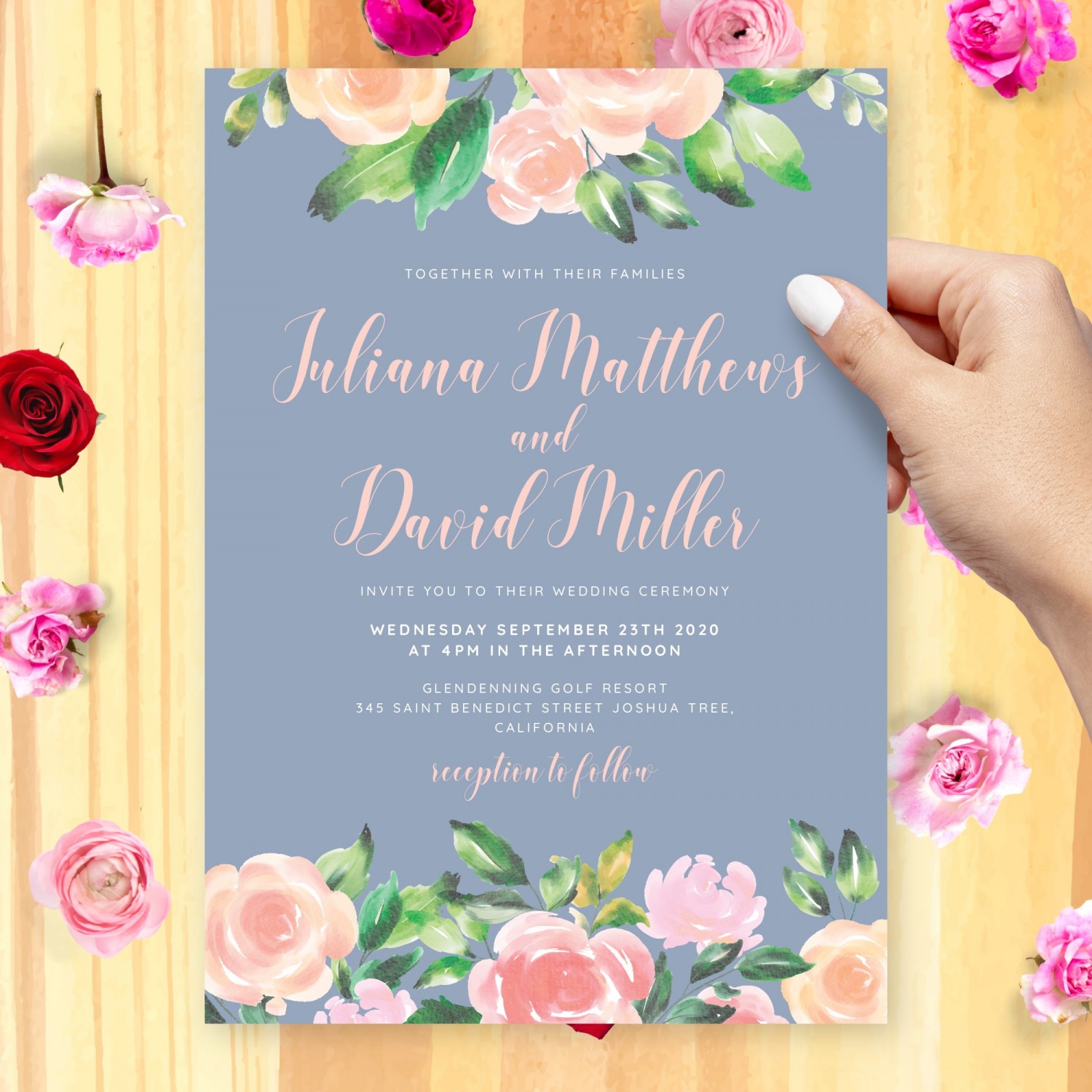 Elegant Watercolor Flowers Blush Blue Wedding Invitation Template