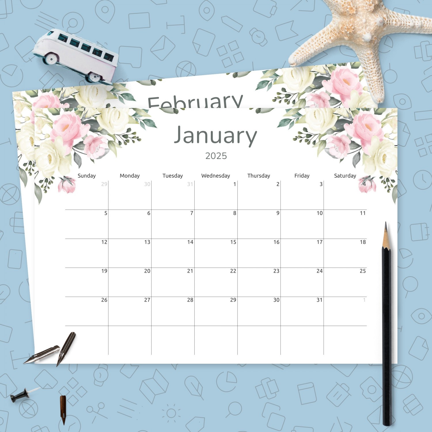 Floral Monthly Calendar Template - Printable PDF