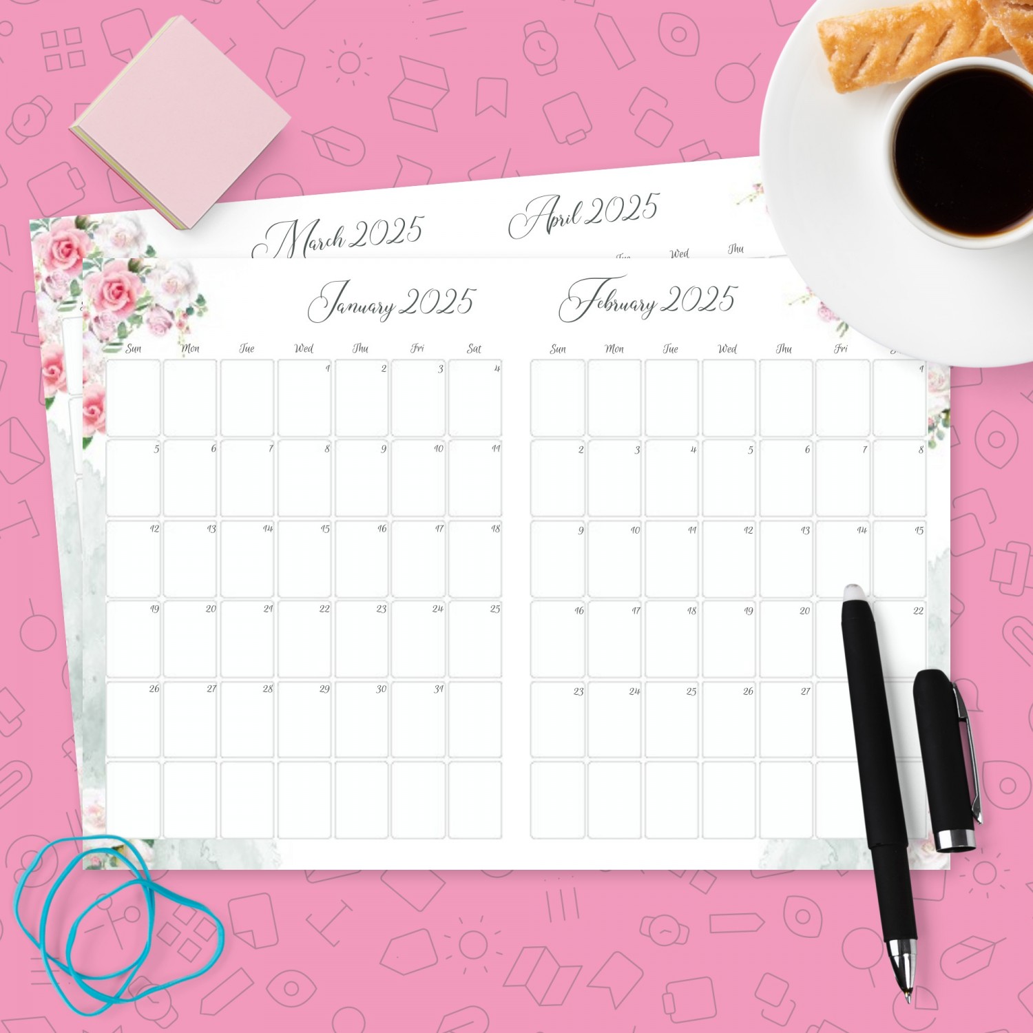 Floral Two Months Calendar Template Printable PDF