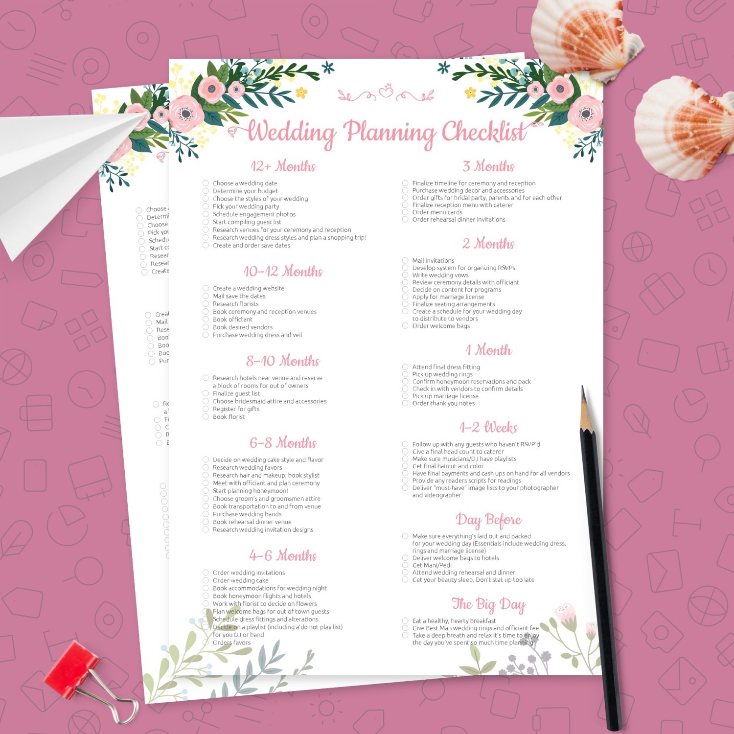 Flowered Wedding Plan Checklist Template - Printable PDF