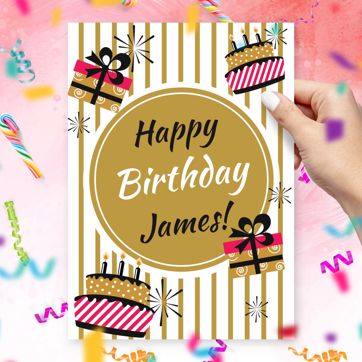 Gold and White Birthday Card For Him Template Editable Online