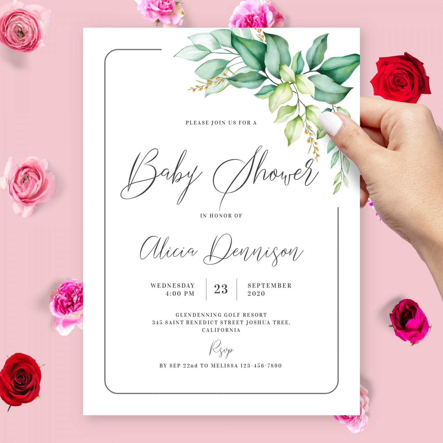 Green Leaves Baby Shower Invitation Template Online Maker