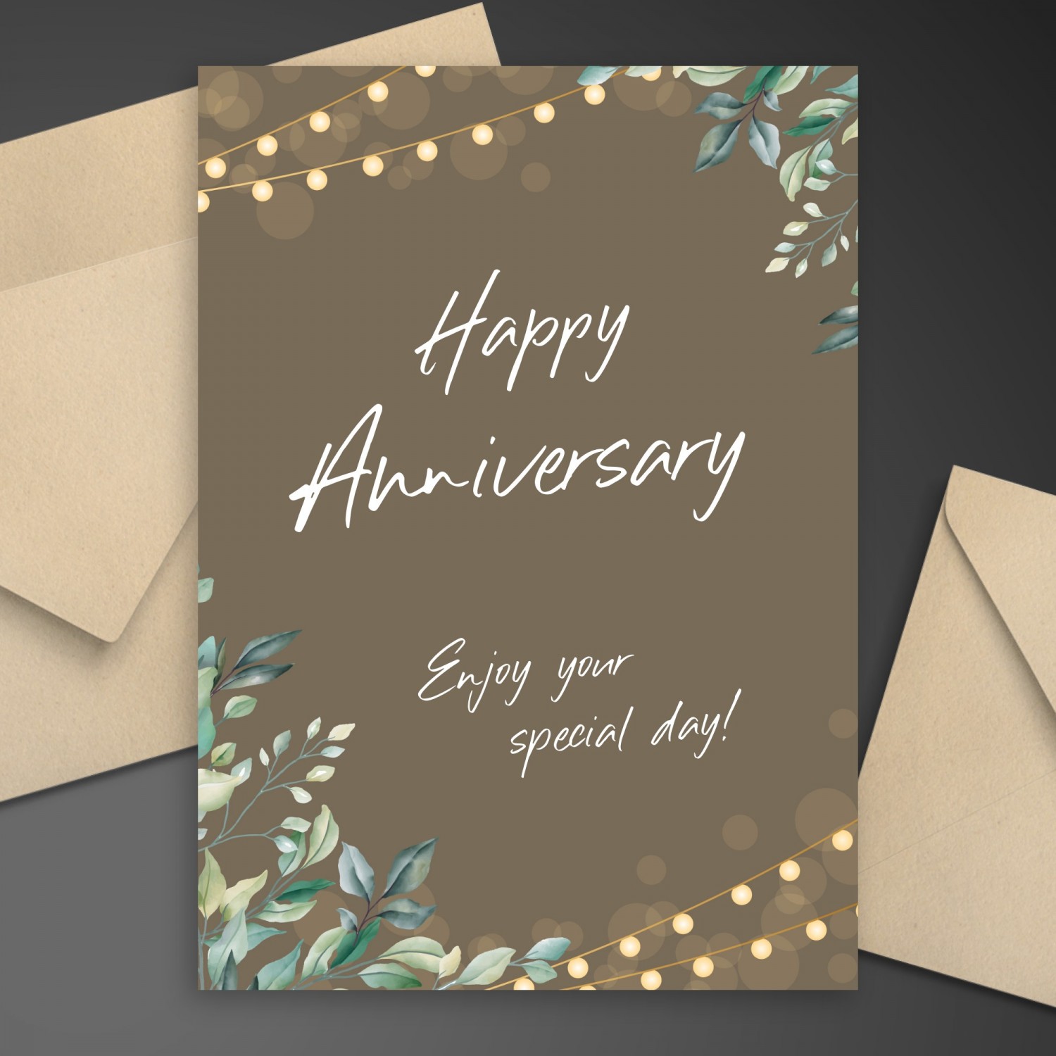 Greenery String Lights Anniversary Card Template Editable Online