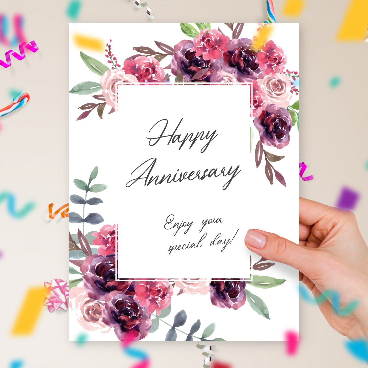 Happy Anniversary Card With Peony Template Editable Online