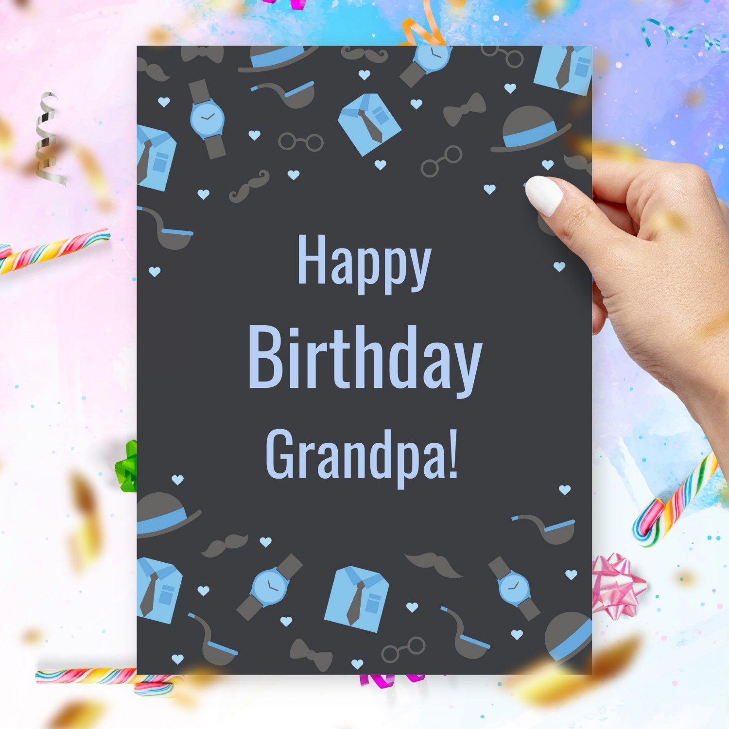 Happy Birthday Card For Grandpa - Blue & Gray Style Template Editable ...