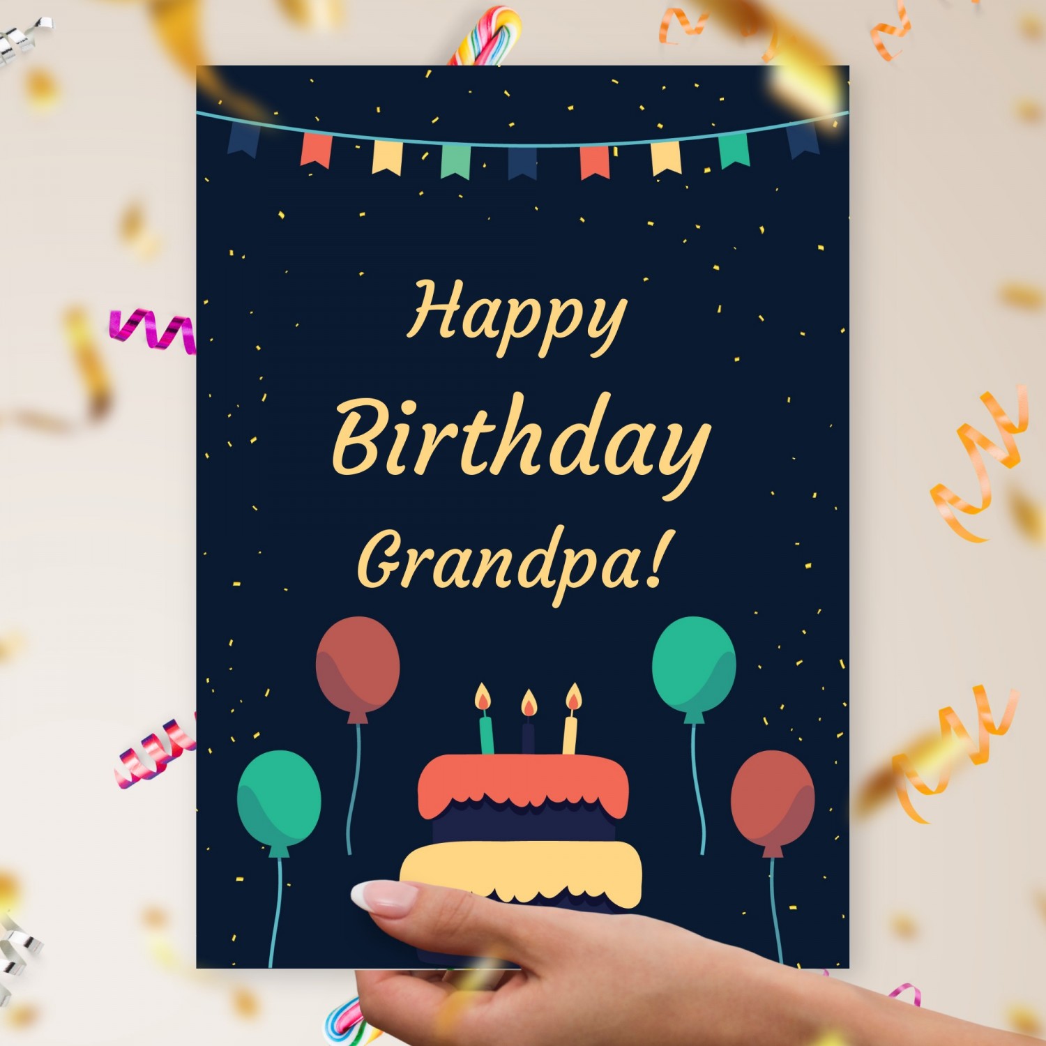 Happy Birthday Card For Grandpa - Cake And Baloons Template Editable Online