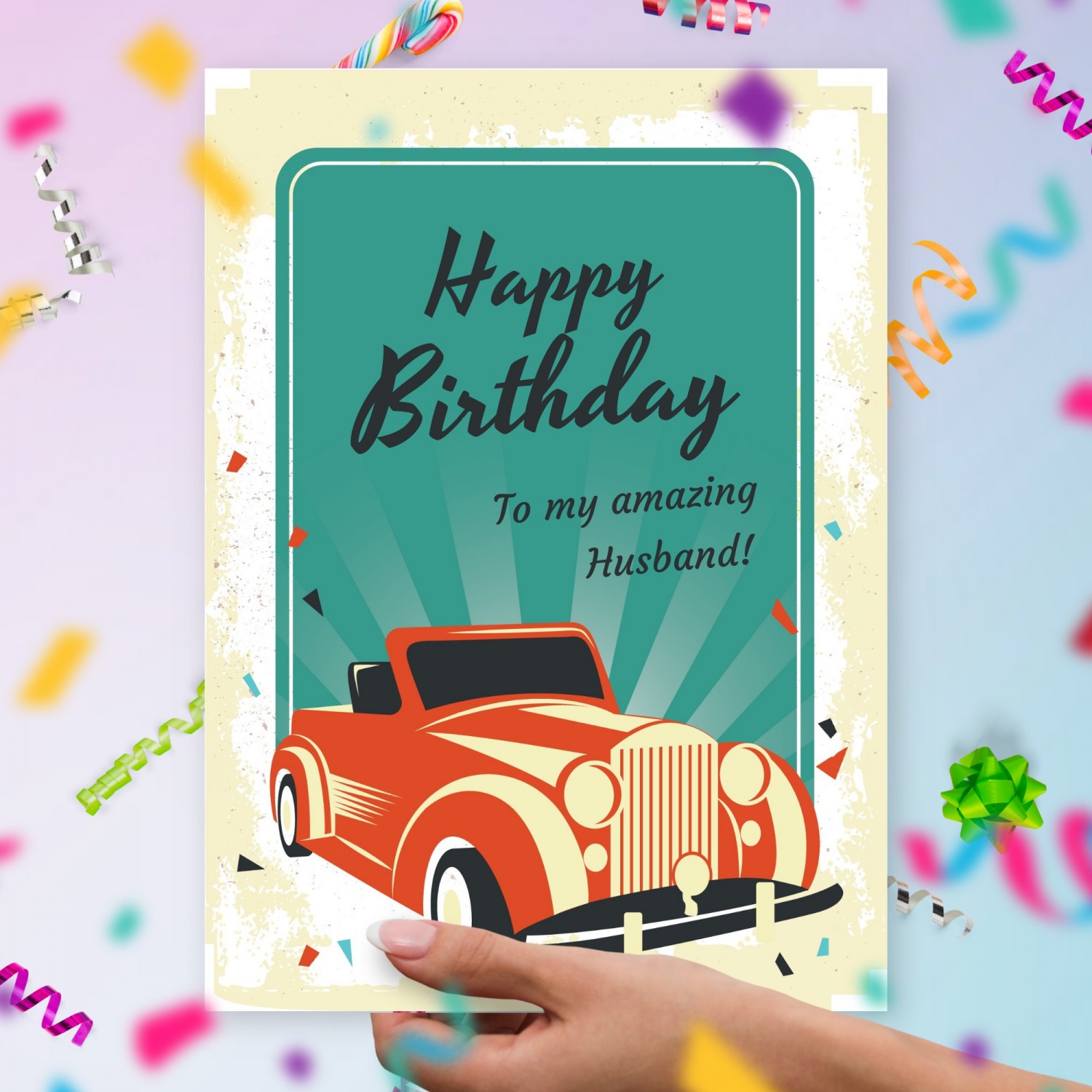 Happy Birthday Card For Husband - Retro Car Style Template Editable Online