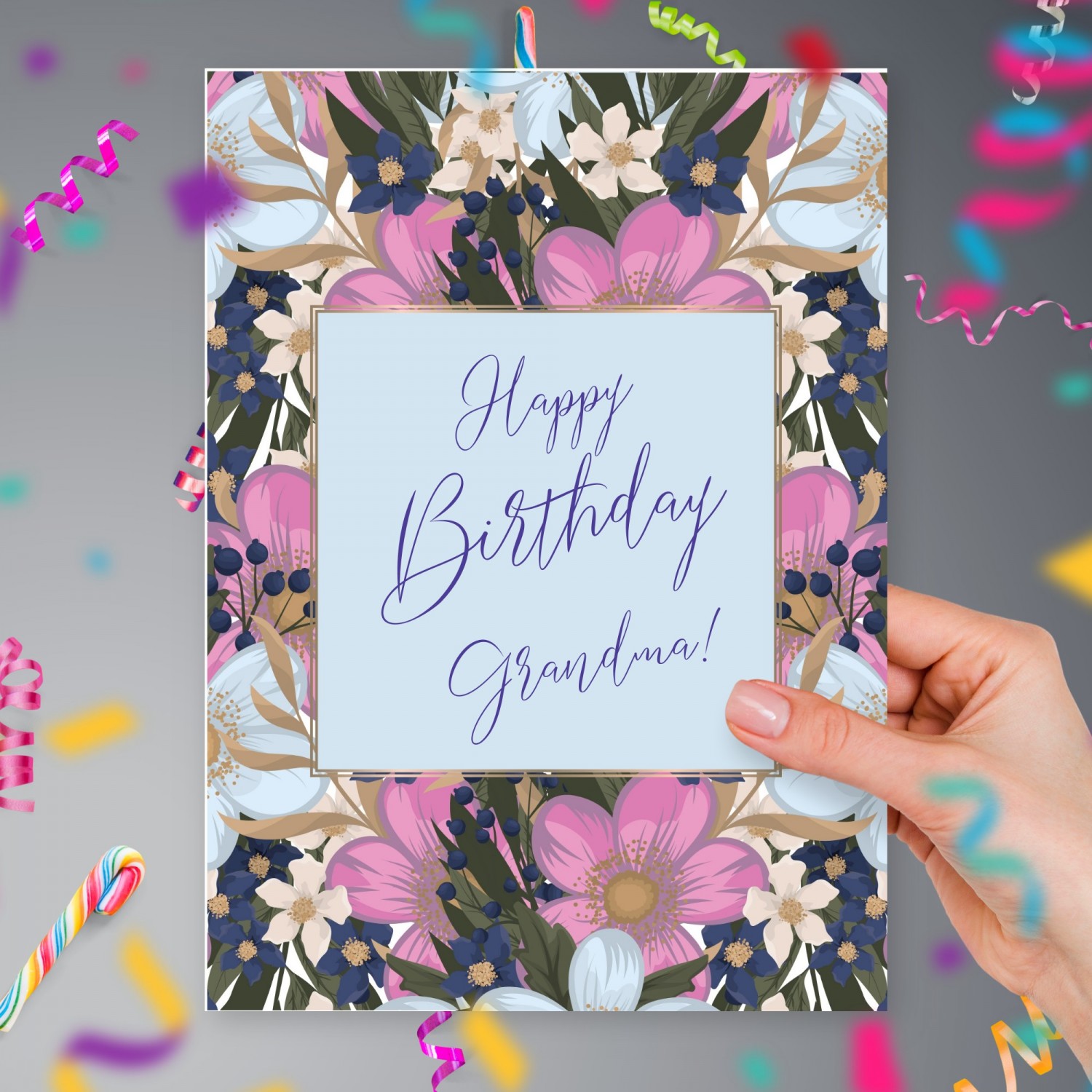 Happy Birthday Grandma Birthday Card - Flower Style Template Editable ...