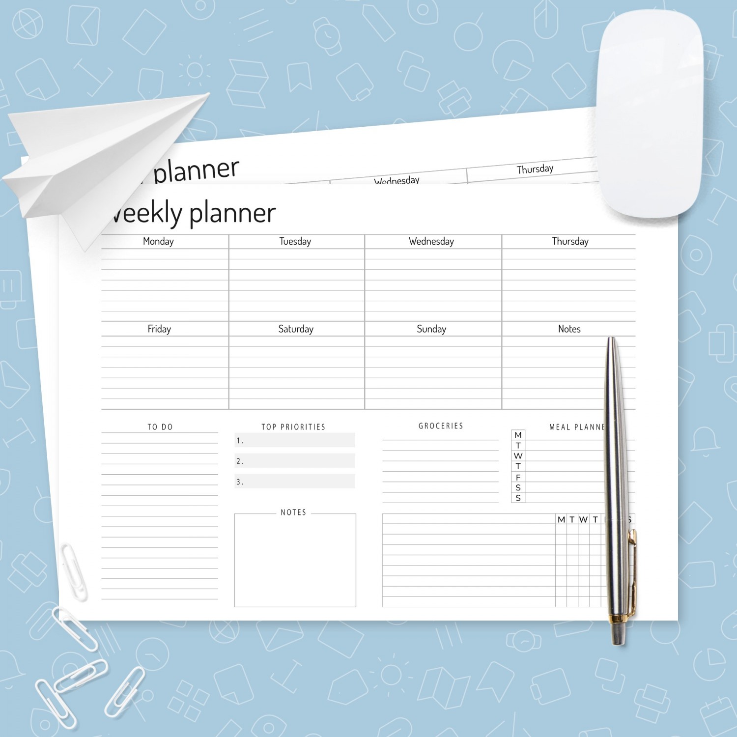 Horizontal Blank Weekly Planner Template Template Printable PDF