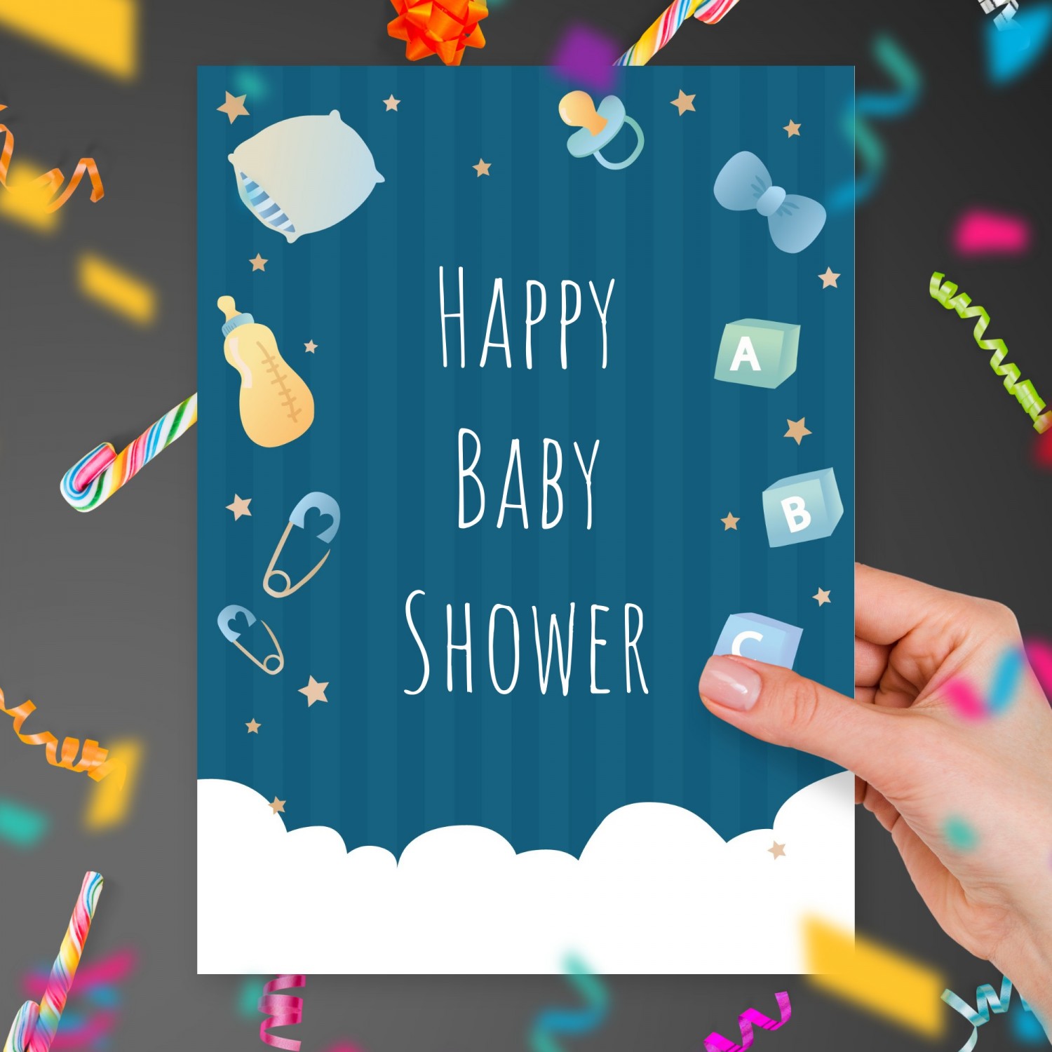 Kids Belongings Baby Shower Greeting Card Template Editable Online