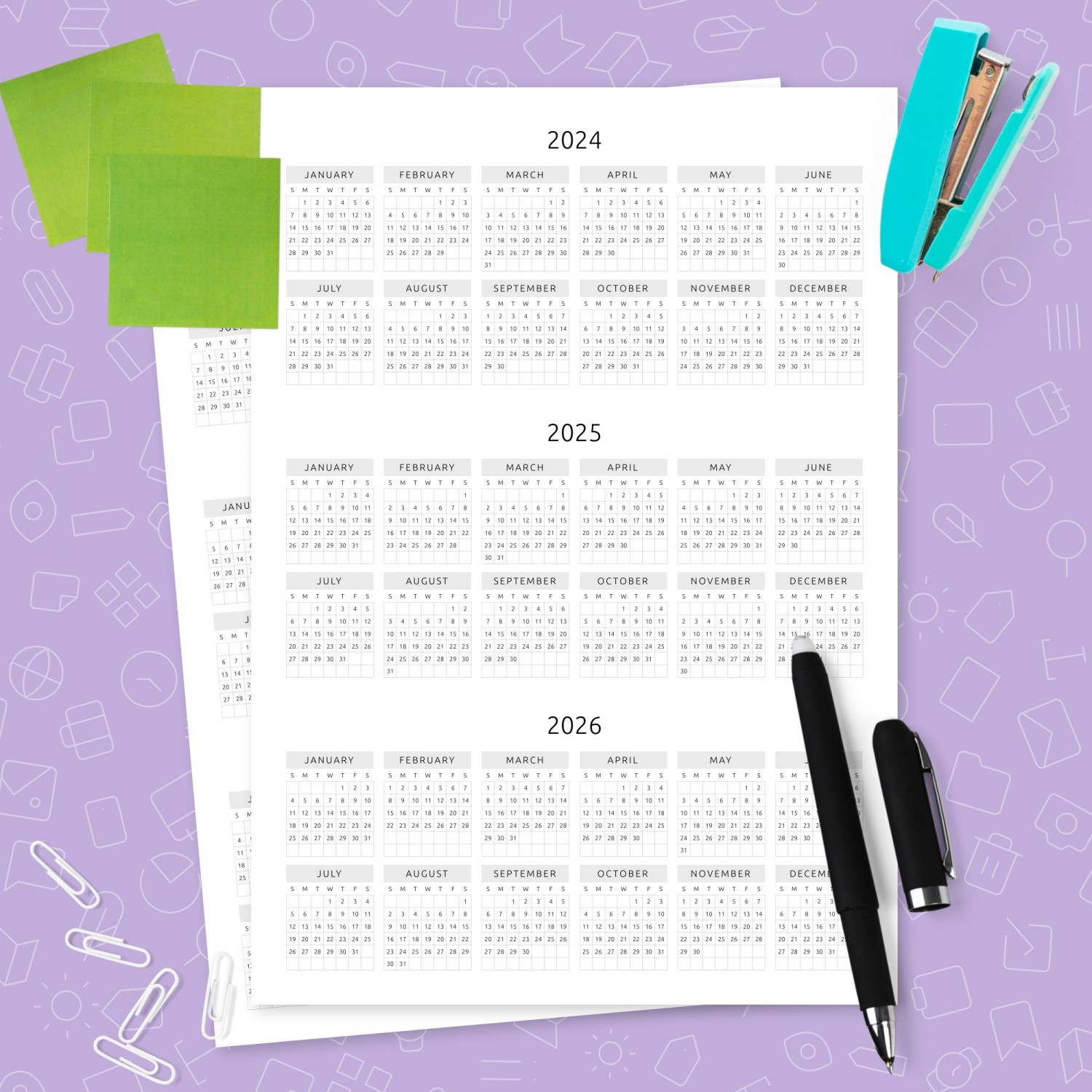 Minimalist Three Year Calendar Template Template - Printable PDF