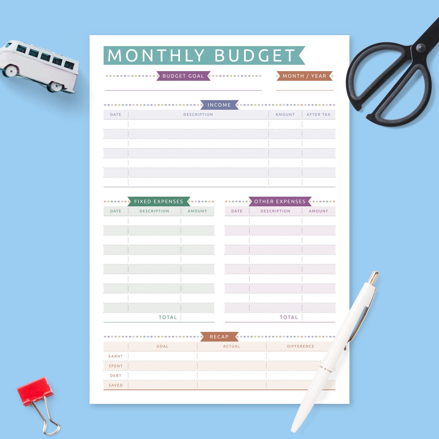Monthly Budgeting Plan - Colored Design Template - Printable PDF