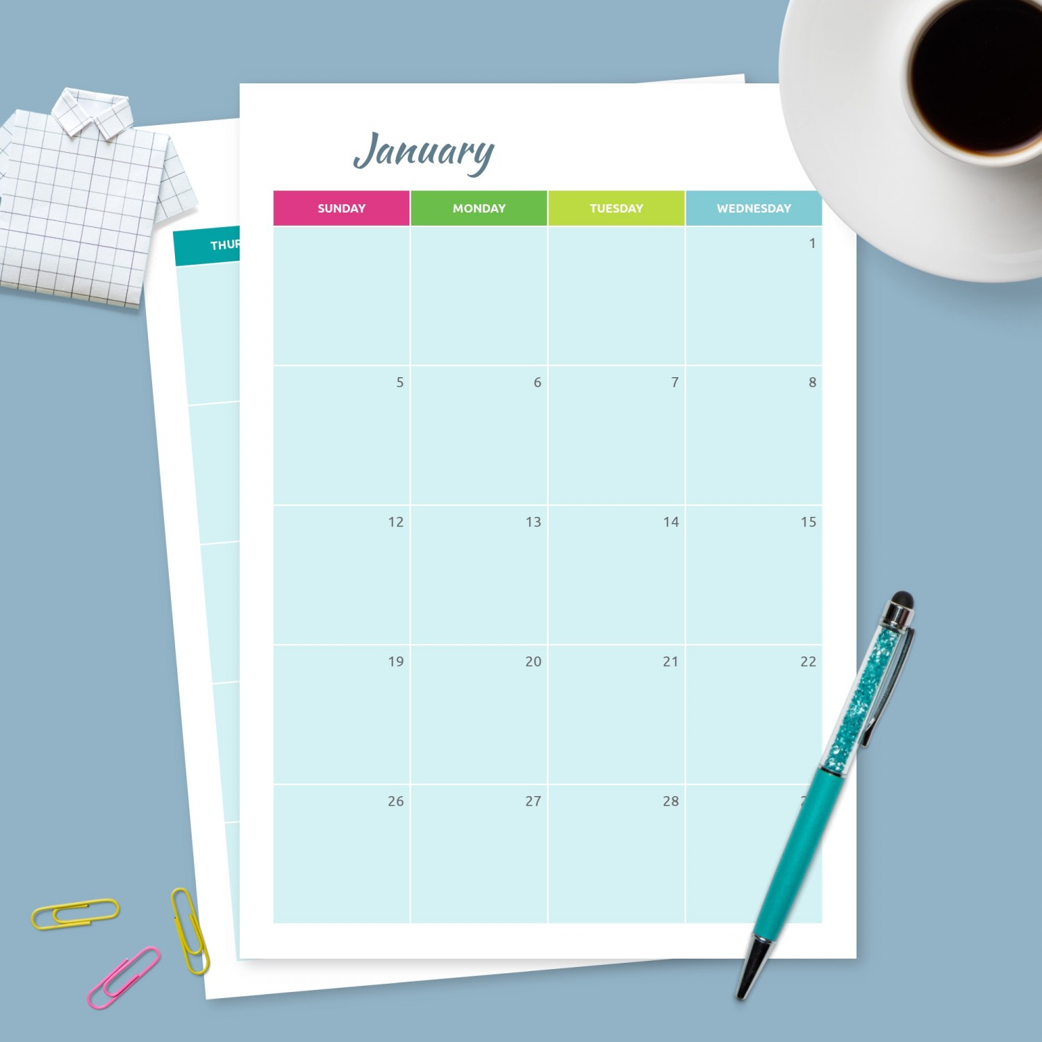 Monthly Calendar Blue Background Template - Printable PDF