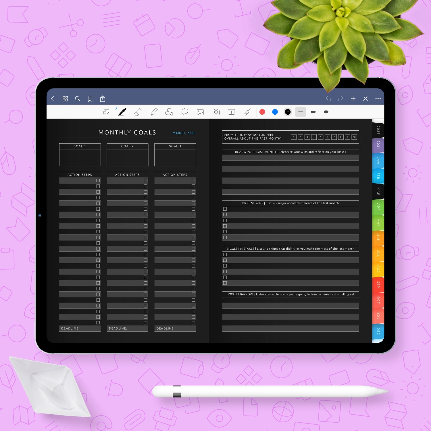 Monthly Goals Digital Planner Template (Dark) for handwriting apps ...