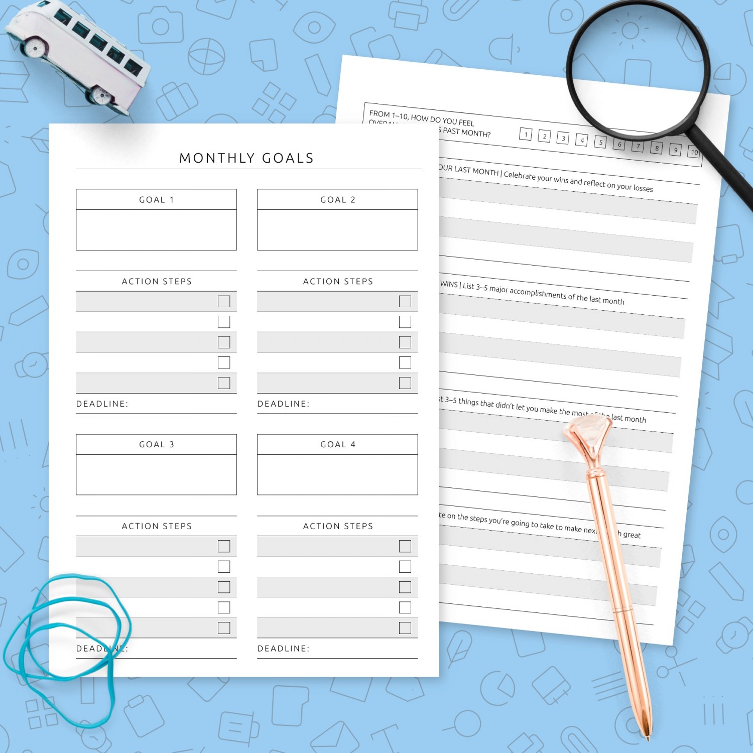 Monthly Goals Settings and Review Template Template - Printable PDF