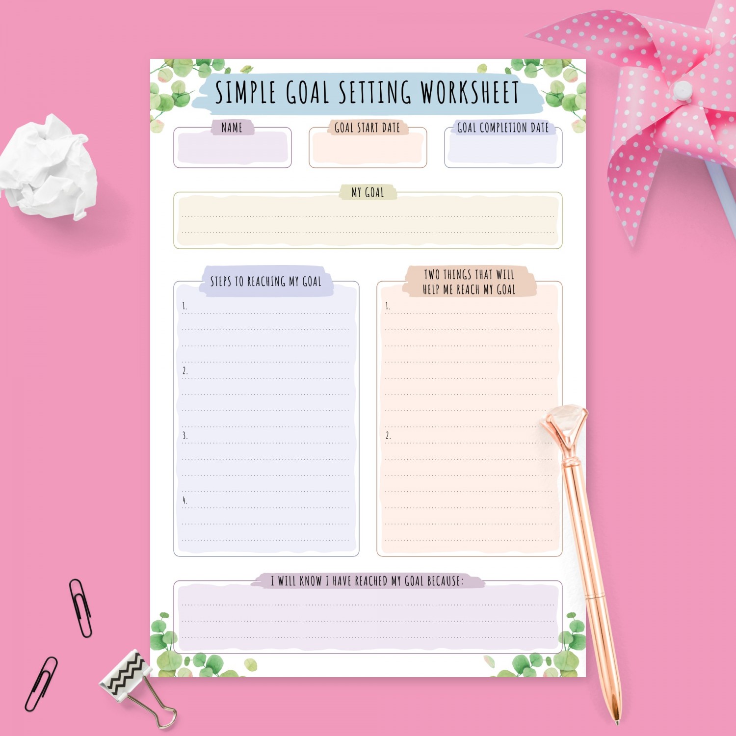 Personal Goal Planning Botanical Design Template Printable Pdf