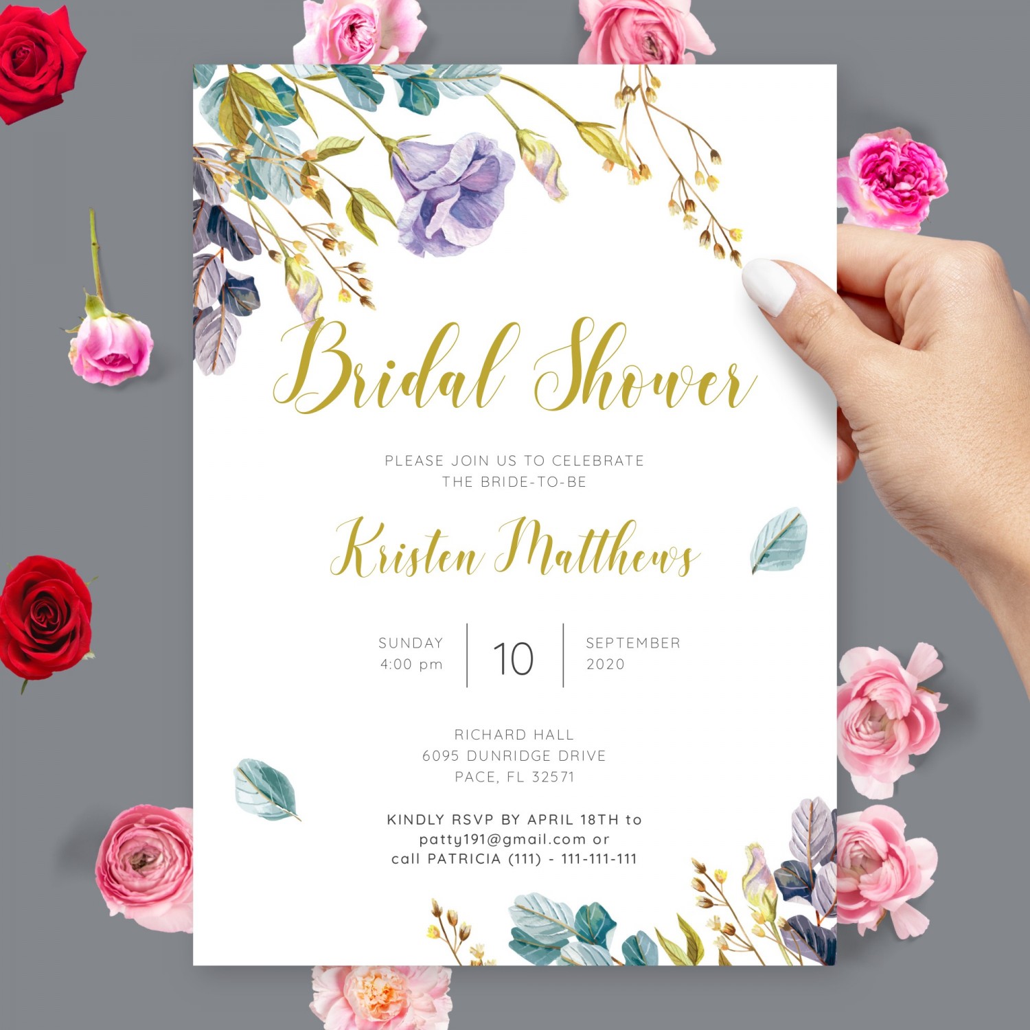 Purple and Gold Floral Bridal Shower Invitation Template Online Maker