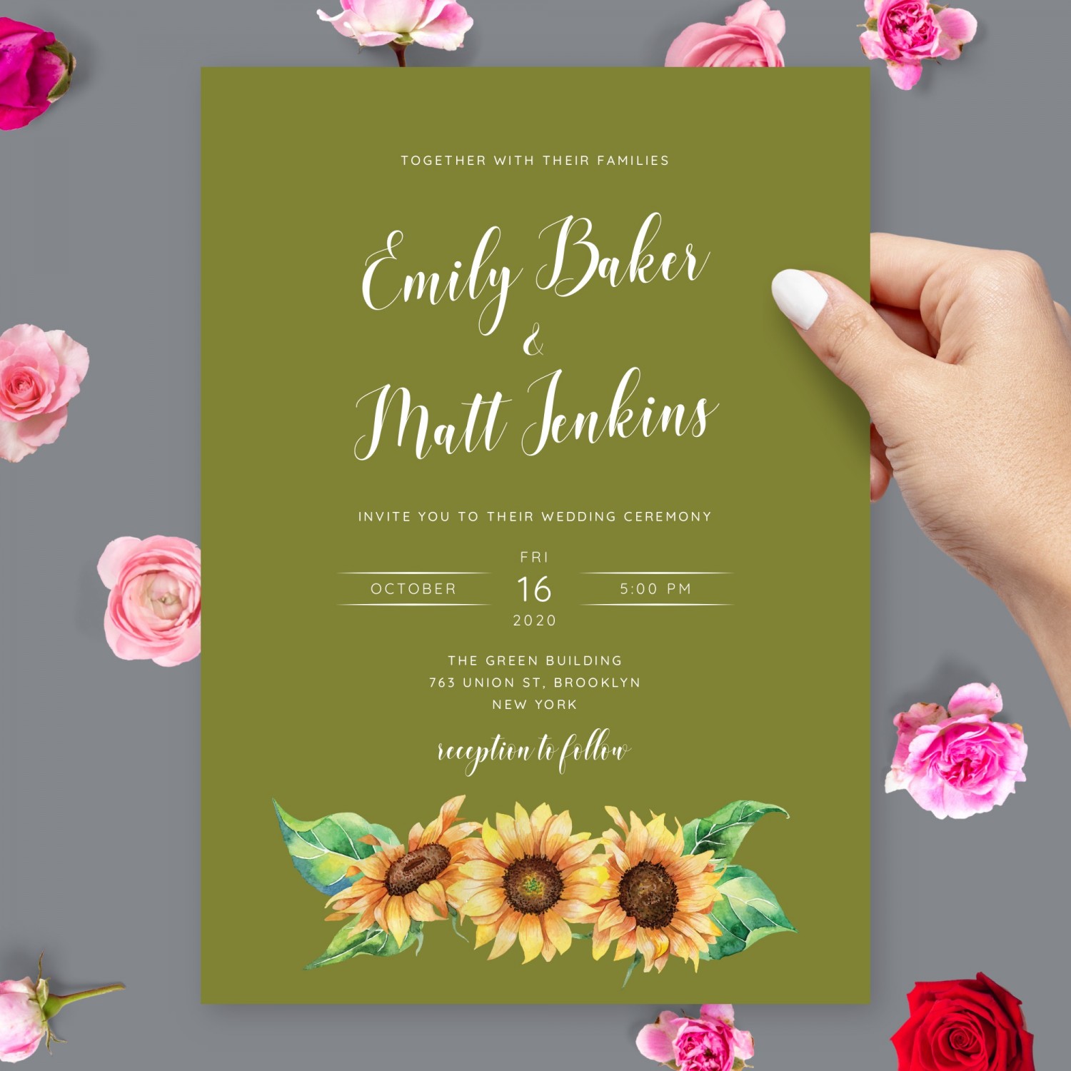 Rustic Sunflower Olive Wedding Invitation Template Online Maker