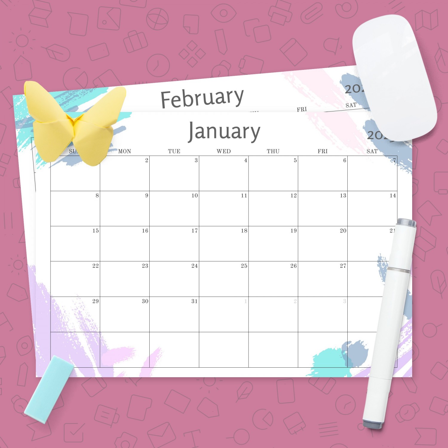 Simple Colored Monthly Calendar Template - Printable PDF