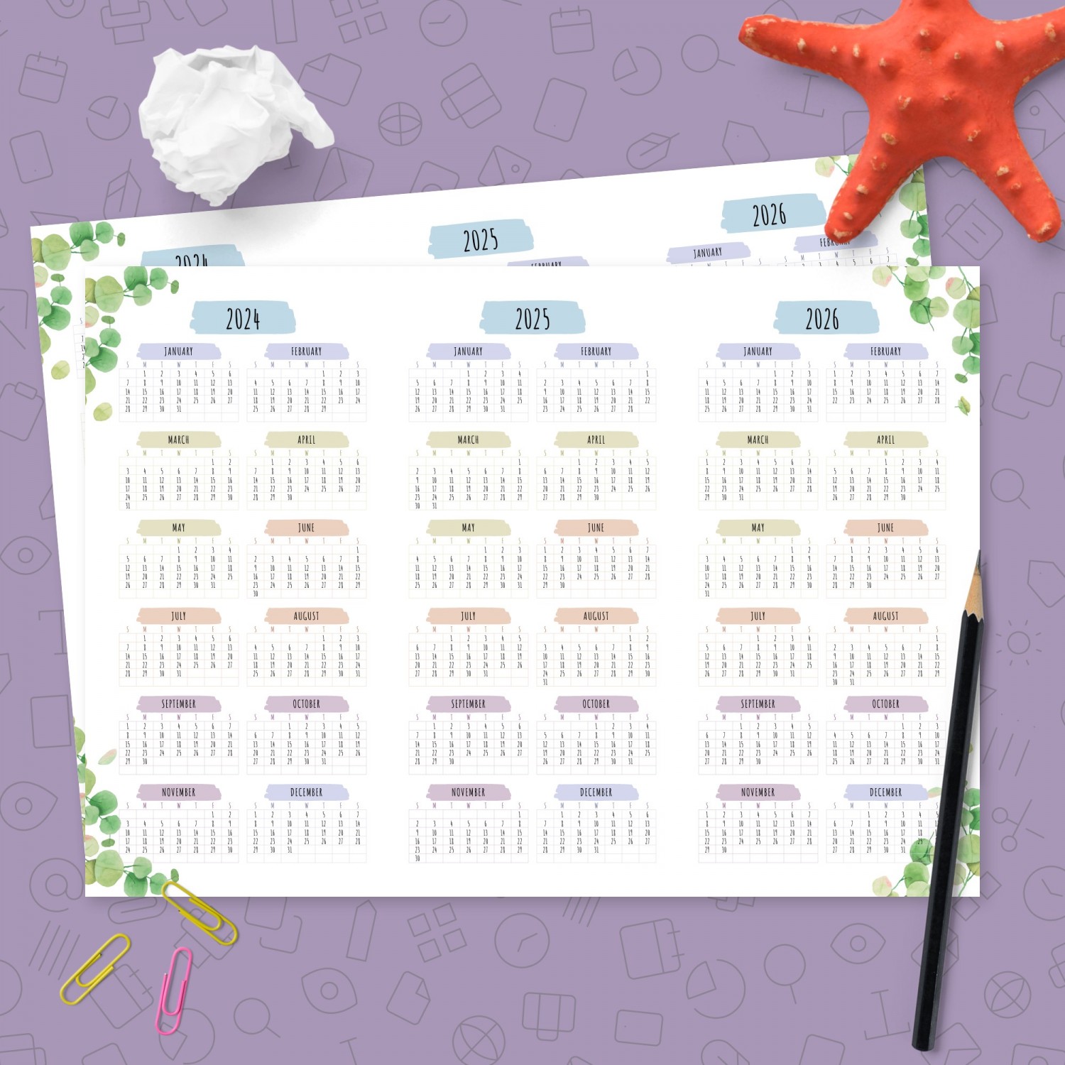 Threeyear Calendar Template Botanical Style Horizontal Template